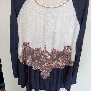 BKE Navy and White Long Sleeve Top with Lace